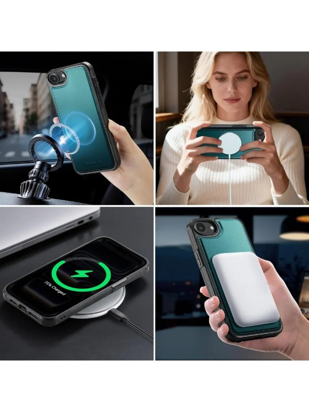 Magnetic Wallet Phone Case for iPhone 17e/16e - Stylish Blue Green Strap Case